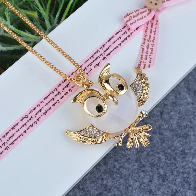 2024 New Fashion Design Sense Opal Cute Owl Pendant Long Necklace Sweater Chain Jewelry for Woman Gifts