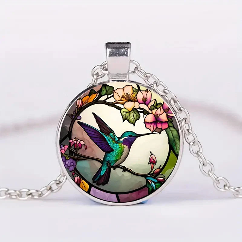 Hummingbird Glass Dome Pendant Necklace