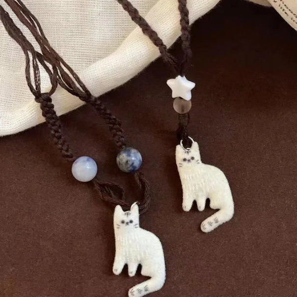 New Creative Cute Retro Cat Pendant Necklace For Women Retro Ethnic Style Kitten Star Beads Rope Chain Choker Party Jewelry Gift