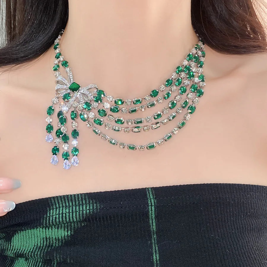NISHIZAWA Diamond Zircon Bow Pendant Necklace Retro Palace Style Elegant Clavicle Chain Luxury Necklace