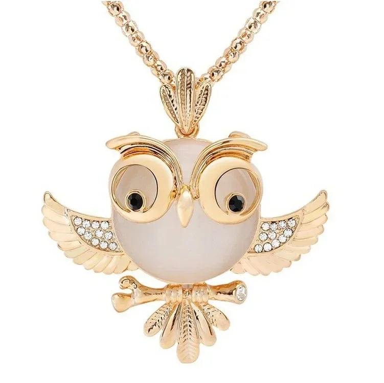 2024 New Fashion Design Sense Opal Cute Owl Pendant Long Necklace Sweater Chain Jewelry for Woman Gifts