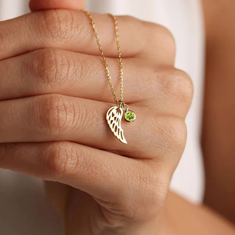 12 Months Birthstone Angle Wing Charm Necklace Gold Plated Stainless Steel Necklace For Women Girls Birthday Gifts