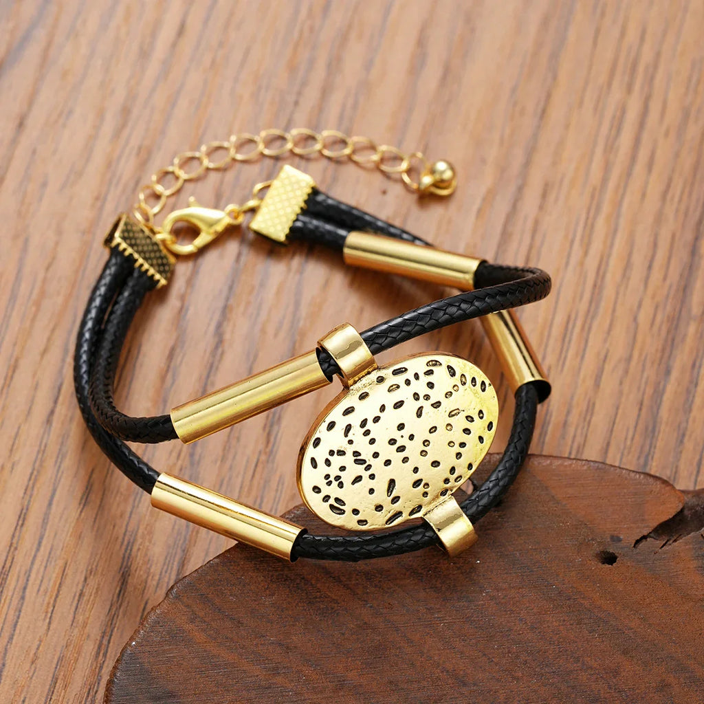 Fashion Oval Metal Necklace Bracelet Set For Women Vintage Gold Silver Color 2Pcs/Set Faux Leather Double Layered Chain Jewelry