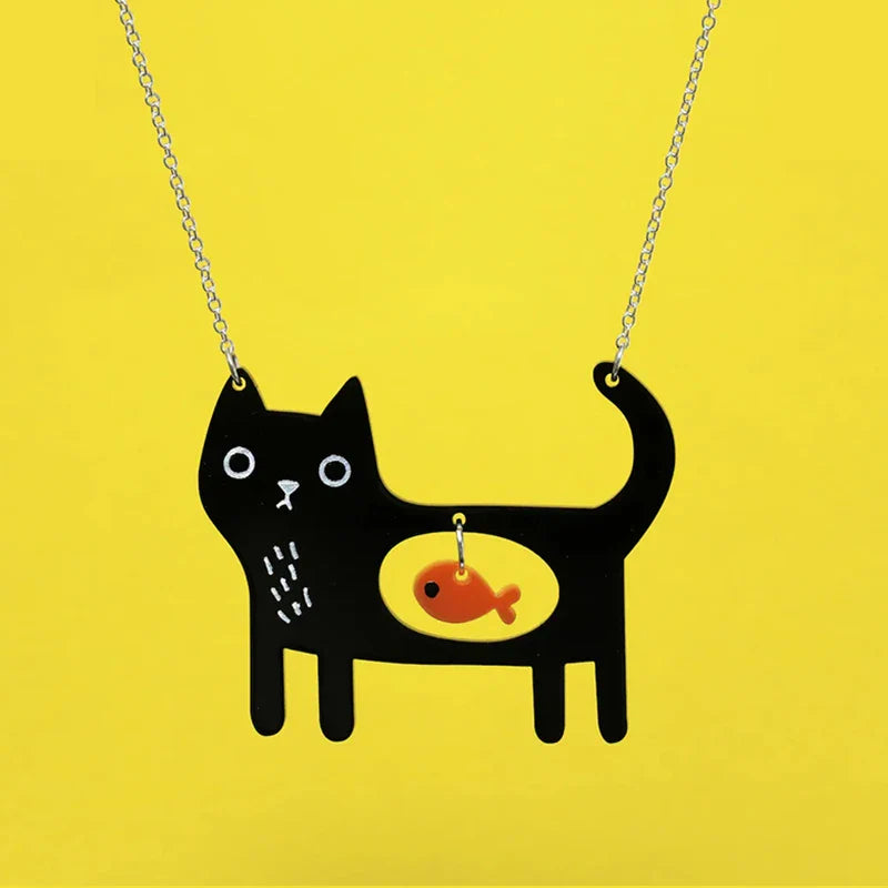 Cute Acrylic Black Cat And Fish Pendant Necklace Kawaii Pet Dog Necklaces For Women Girls Jewelry Gifts