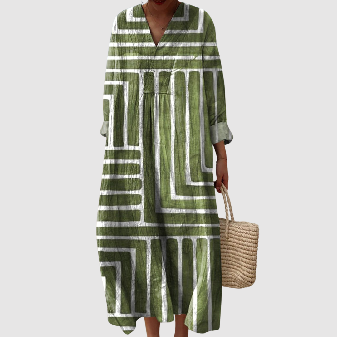 Faye | Olive Maze Long Sleeve Midi Dress