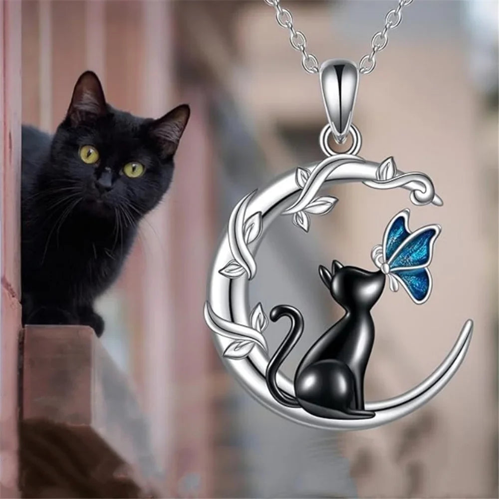 Luxury Female Crystal Stone Moon Cat Butterfly Pendant Necklace Vintage Silver Color Wedding Jewelry For Women