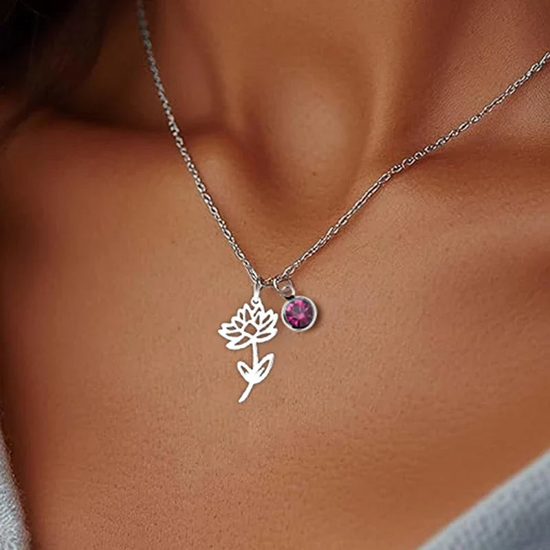 12 Months Birthstone Birth Flower Necklace For Women Stainless Steel Jewelry Birthday Gifts