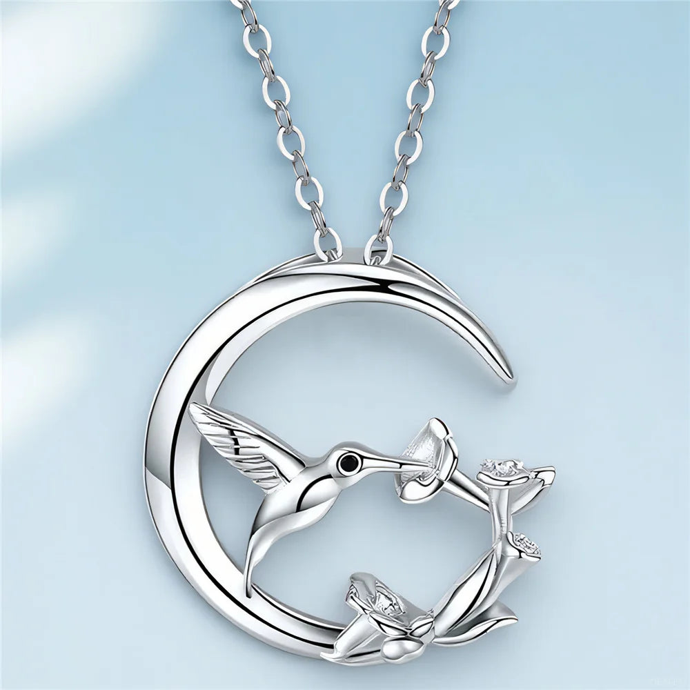 Cute Female Moon Bird Flower Pendant Necklace Vintage Silver Color Wedding Jewelry For Women