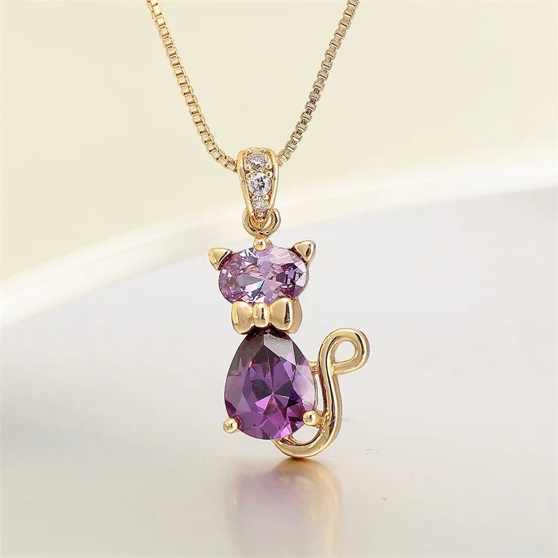 6Colors Cute Kitten Green Cat Gatos Crystals Charms Necklaces & Pendants Chain Necklace Women Grils Jewelry Gold Color Collier