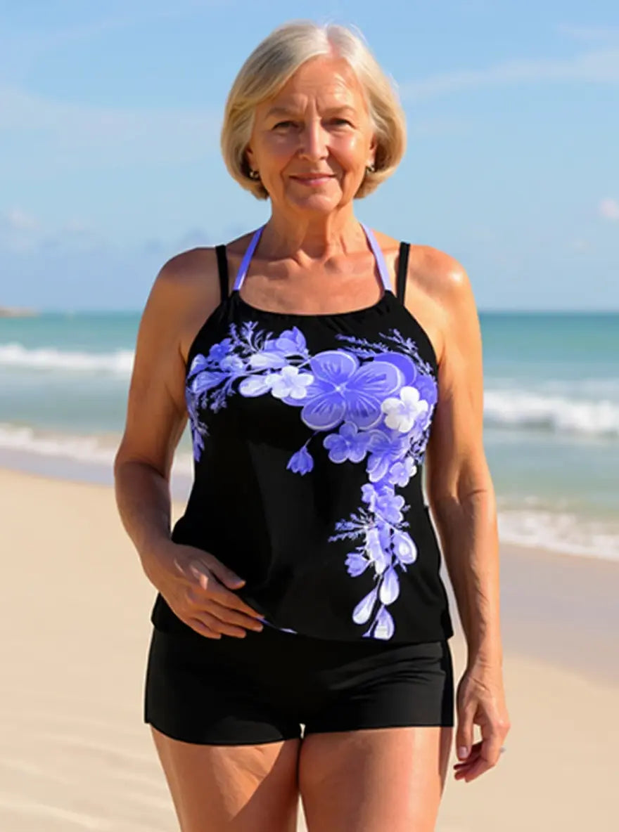 Avery | Floral Print Cross Strap Halter Tankini Set