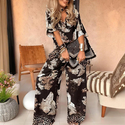 Tasha™ Printed V-Neck Top & Long Pants Set